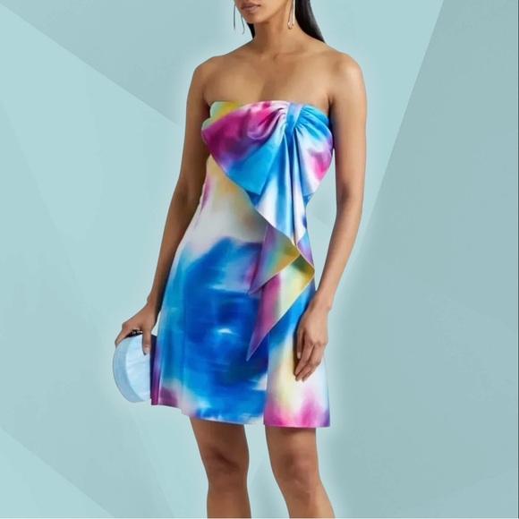 Marchesa Notte ‘Bow Printed Strapless Dress’ in Rainbow Multicolor Watercolor 4 - Picture 1 of 16